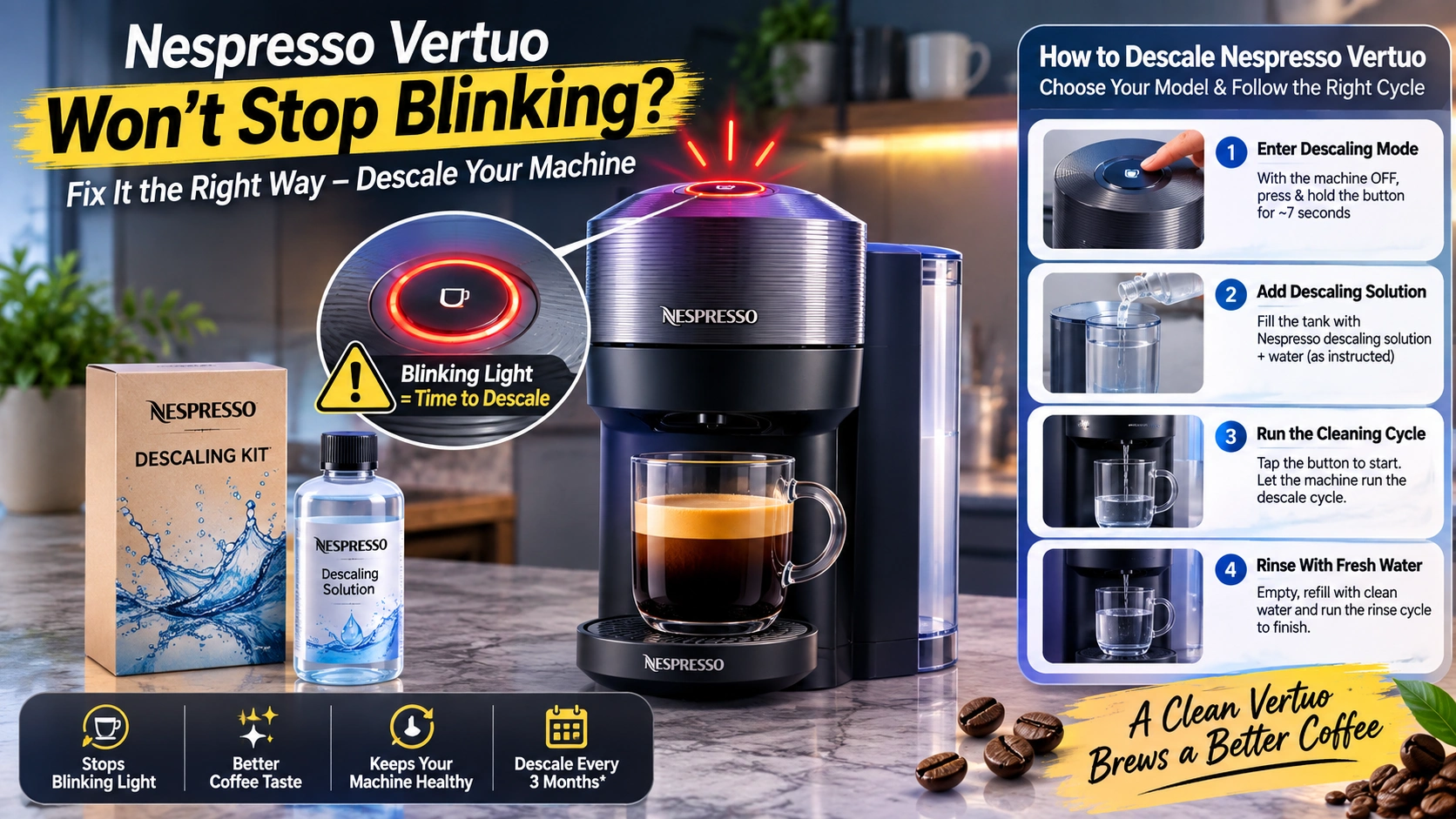 how to descale Nespresso Vertuo: Fix Blinking Lights and Mineral Buildup